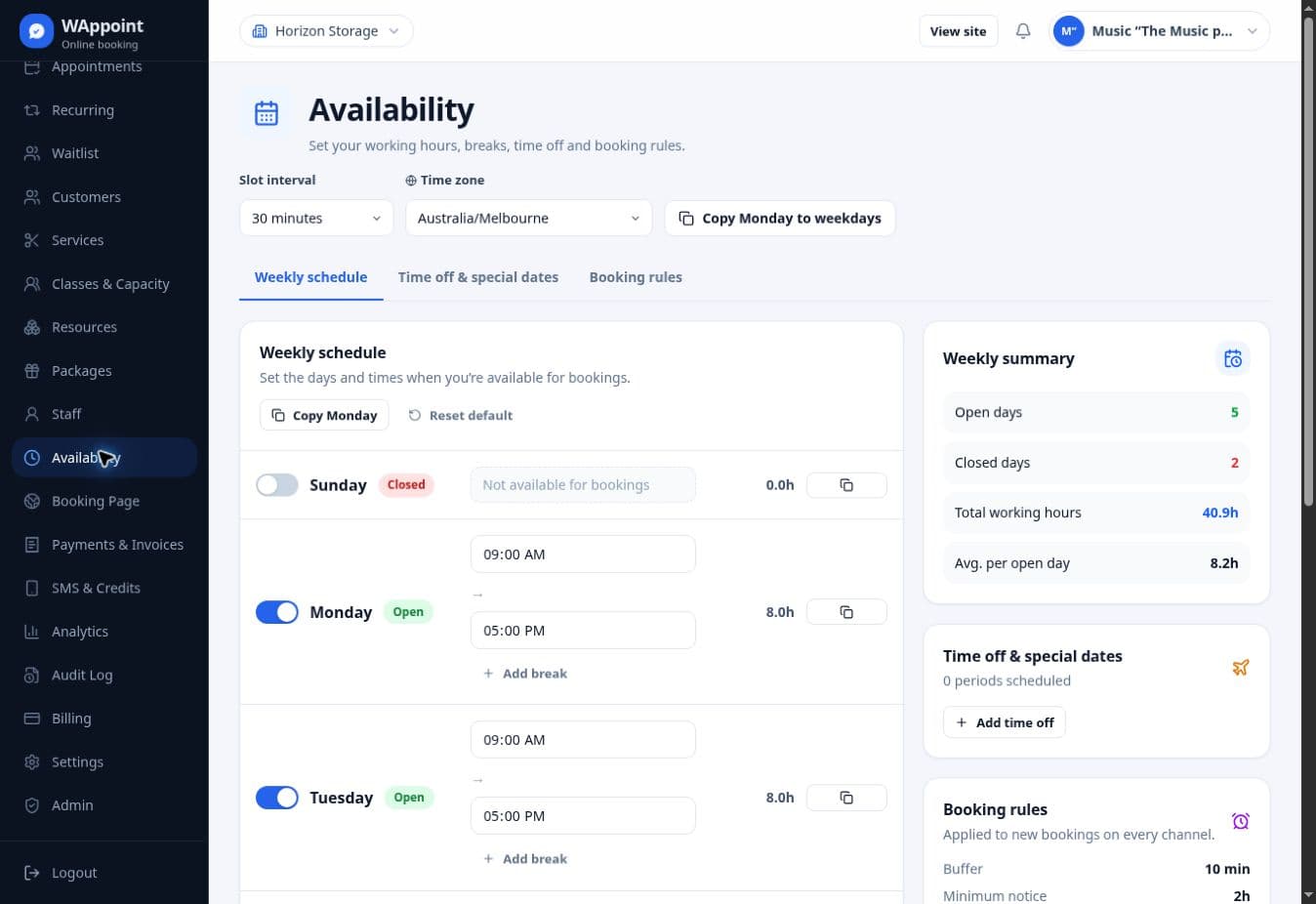Actual WAppoint Availability page with weekly schedule and working-hour summary